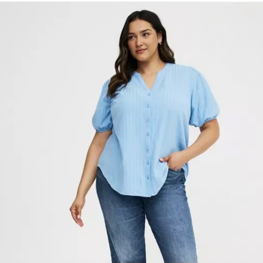 TORRID 00 0X XL Puff Sleeve Button Front Top Placid Blue NWT R $46 - Picture 5 of 12